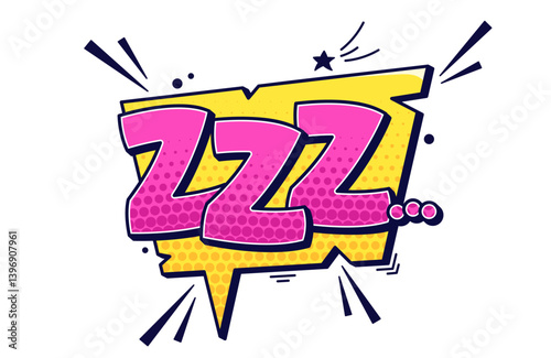 Colorful yellow and magenta speech bubble with the text Zzzzz..., halftone elements and dark cute details all around.