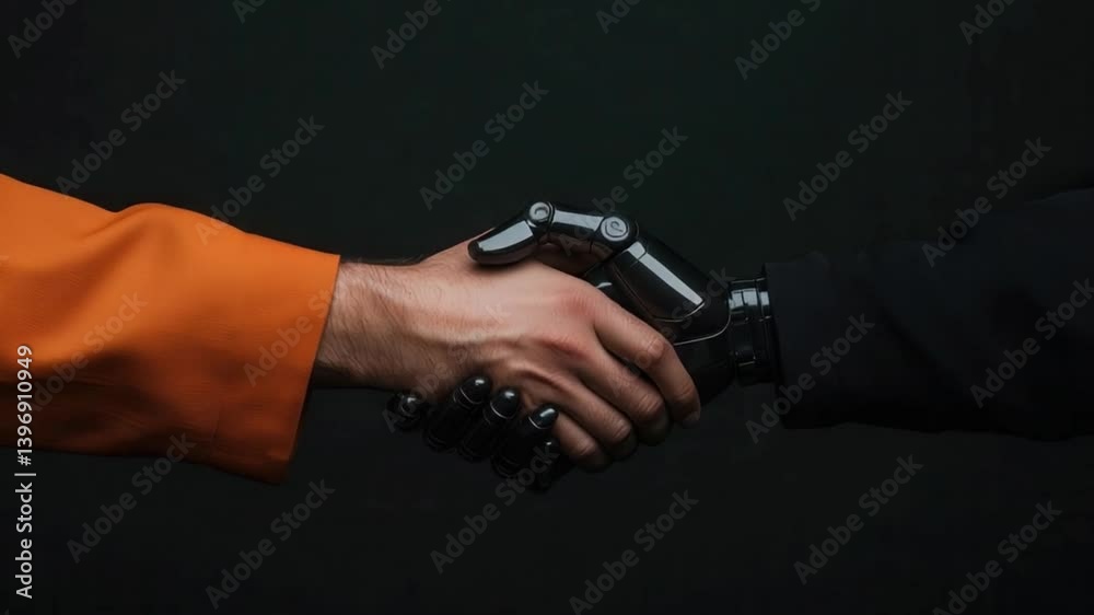 Handshake of Innovation: A compelling visual showcasing a handshake between a human and a robotic hand, symbolizing progress, technology, and a harmonious fusion of human-machine interaction. Handshake of Innovation: A compelling visual showcasing a handshake between a human and a robotic hand, symbolizing progress, technology, and a harmonious fusion of human-machine interaction.