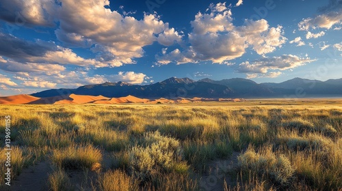 Expansive desert terrain captivates the eye, showcasing rolling sand dunes framed by distant mountains and a stunning sky filled with fluffy clouds during a vibrant sunset