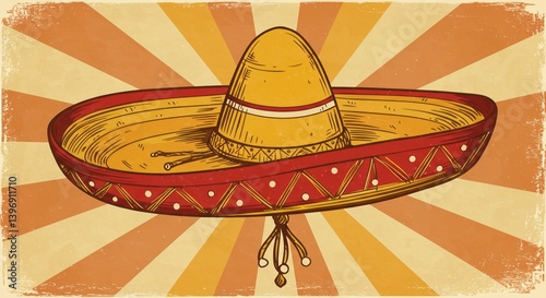 Sombrero Hat. Hand Drawn Sombrero in Vintage Style, Red and Yellow, for Decoration