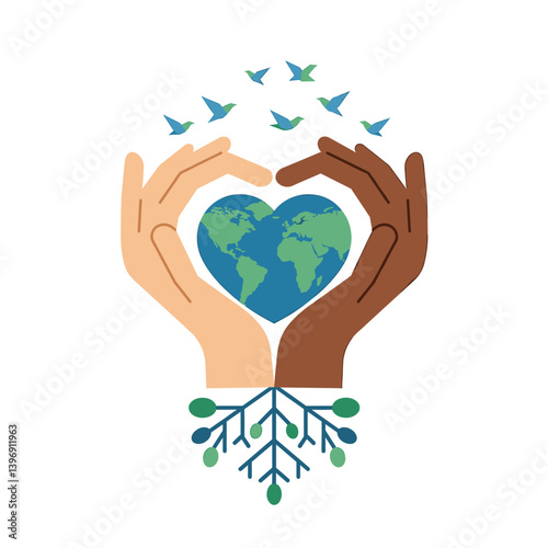 Harmony and Hope: A vibrant illustration celebrating global unity, diversity, and environmental consciousness, with hands forming a heart around the Earth and birds soaring above. 