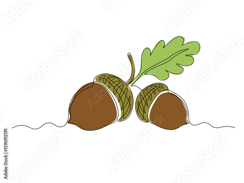 Abstract acorns on an oak branch, continuous single one line art hand drawing sketch logo
