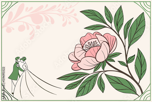 Minimalist Wedding Scene – Bride and Groom Holding Hands with Floral Accents