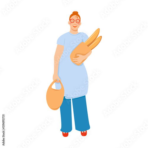 A happy young woman holding bread and bag. Positive, cute character. Vector illustration. Flat style.