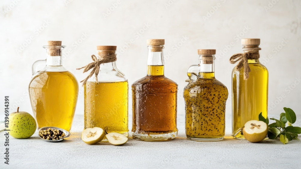 Assortment of Natural Oils and Vinegars in Elegant Bottles Against Neutral Background with Fresh Produce Assortment of Natural Oils and Vinegars in Elegant Bottles Against Neutral Background with Fresh Produce