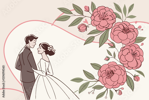 Vintage Wedding Couple and Botanical Elements Illustration, Perfect for Retro Wedding Invitations, Elegant Bridal Stationery, Antique Love-Themed Cards, Save the Date Designs, and Botanical Romance Ar