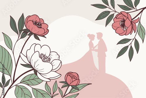 Floral Wedding Design with Bride and Groom Outline Illustration, Ideal for Elegant Wedding Invitations, Minimalist Bridal Stationery, Romantic Line Art Decor, Save the Date Cards, and Love-Themed Prin