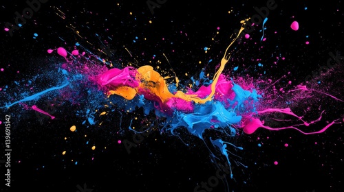 Vibrant CMYK Paint Explosion on Black Background: An Abstract Masterpiece