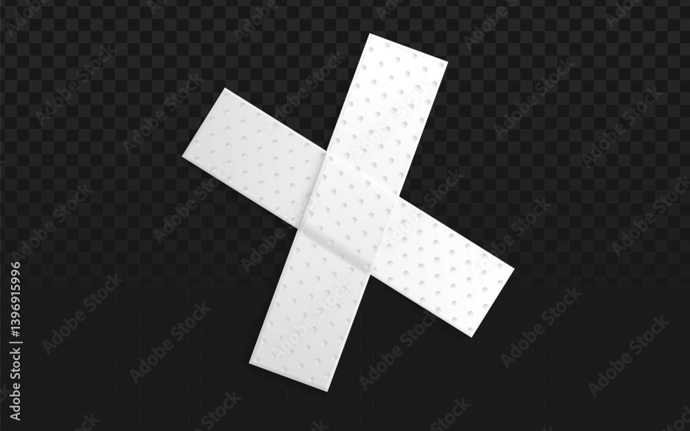 Obraz premium Two strips of white transparent medical adhesive tape crossed in an 'X' shape on a transparent dark checkered background. Represents wound closure or medical supplies.