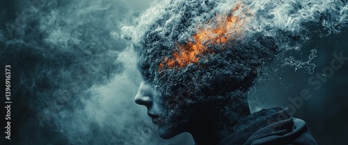 Abstract portrait of a person, smoke, fire