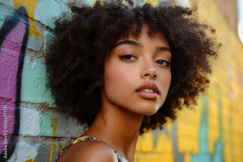 Fototapeta premium Young woman with curly hair poses against vibrant street mural in urban setting during daylight