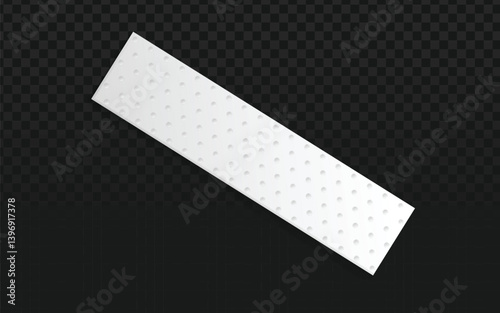 A rectangular white adhesive bandage, angled slightly on a transparent dark checkered background. Represents first aid and wound care.
