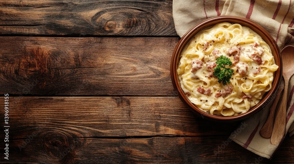Aged wooden surface with a modern ceramic bowl of carbonara centered and styled Aged wooden surface with a modern ceramic bowl of carbonara centered and styled
