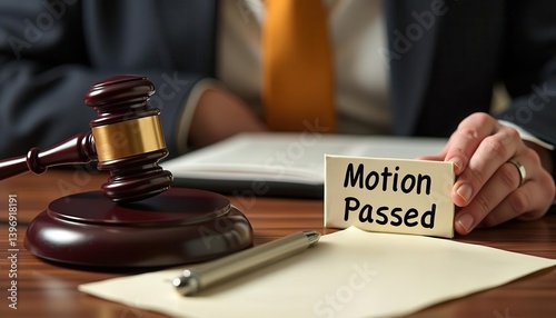 A judge's gavel and a note indicating a motion passed during a court session, symbolizing legal decisions.
