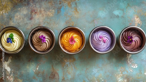 Artisan gelato swirled beautifully in stainless steel containers, rich textures visible