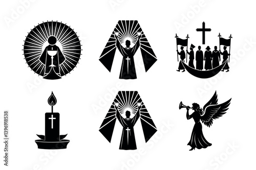 Collection of Religious Symbols and Church Scenes in Silhouette
