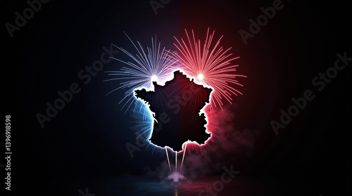 A vibrant firework display illuminating the silhouette of France celebrating Bastille Day with dazzling red white and blue bursts against a dark night sky The spectacle is captured with