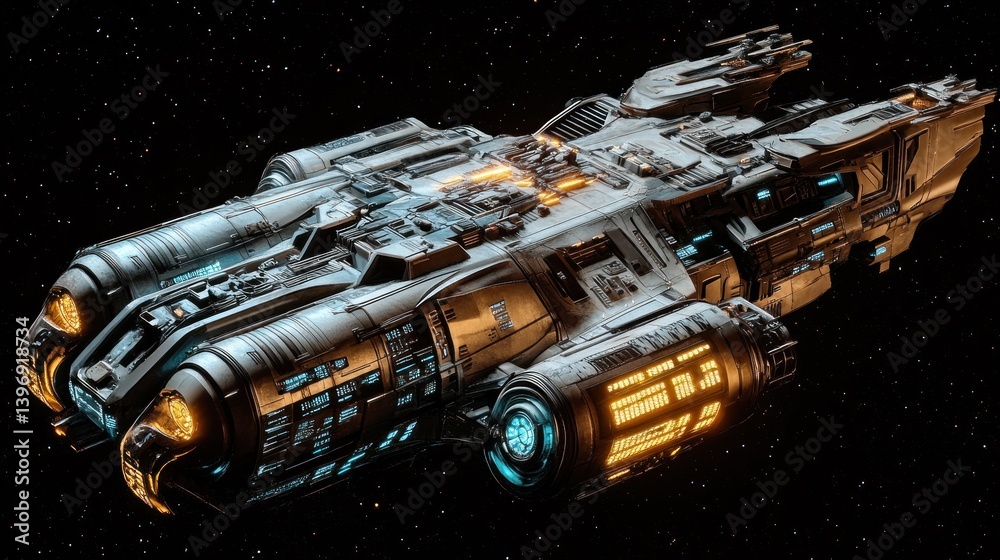 Futuristic Spaceship in the Cosmos: A 3D Render of a Sci-Fi Vessel Futuristic Spaceship in the Cosmos: A 3D Render of a Sci-Fi Vessel