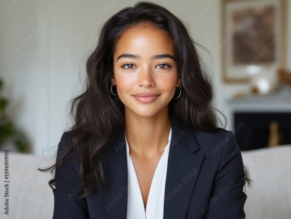 Stunning businesswoman exudes confidence and style in a chic navy blazer while engaging with clients in a modern office setting Stunning businesswoman exudes confidence and style in a chic navy blazer while engaging with clients in a modern office setting