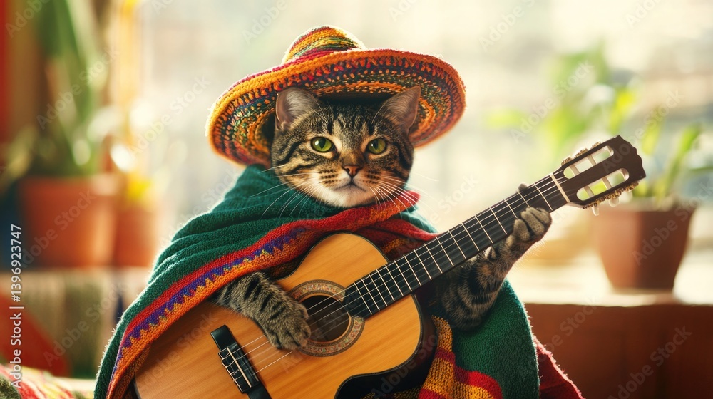 Fototapeta premium Tabby cat in colorful poncho playing guitar with sombrero in sunny room. Cinco de Mayo, Battle of Puebla Day, Mexican Heritage Festival - Latin American Cultural Celebration