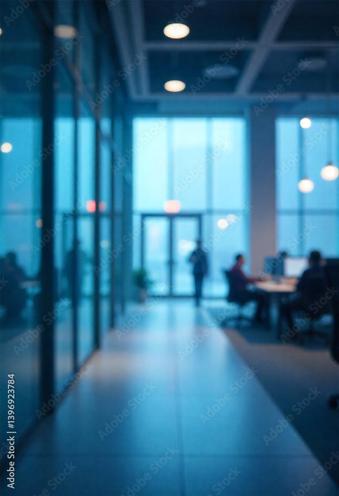 Beautiful blurred background of a light modern office interior with panoramic of a well-lit modern office space devoid of people