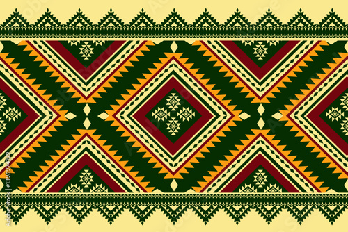 Geometric Fabric Pattern in Green, Red and Yellow, geometric pattern