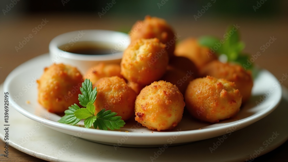Golden, crispy coxinhas arranged on a white plate, paired with dipping sauce and fresh herbs, showcasing a delicious Brazilian snack. Golden, crispy coxinhas arranged on a white plate, paired with dipping sauce and fresh herbs, showcasing a delicious Brazilian snack.