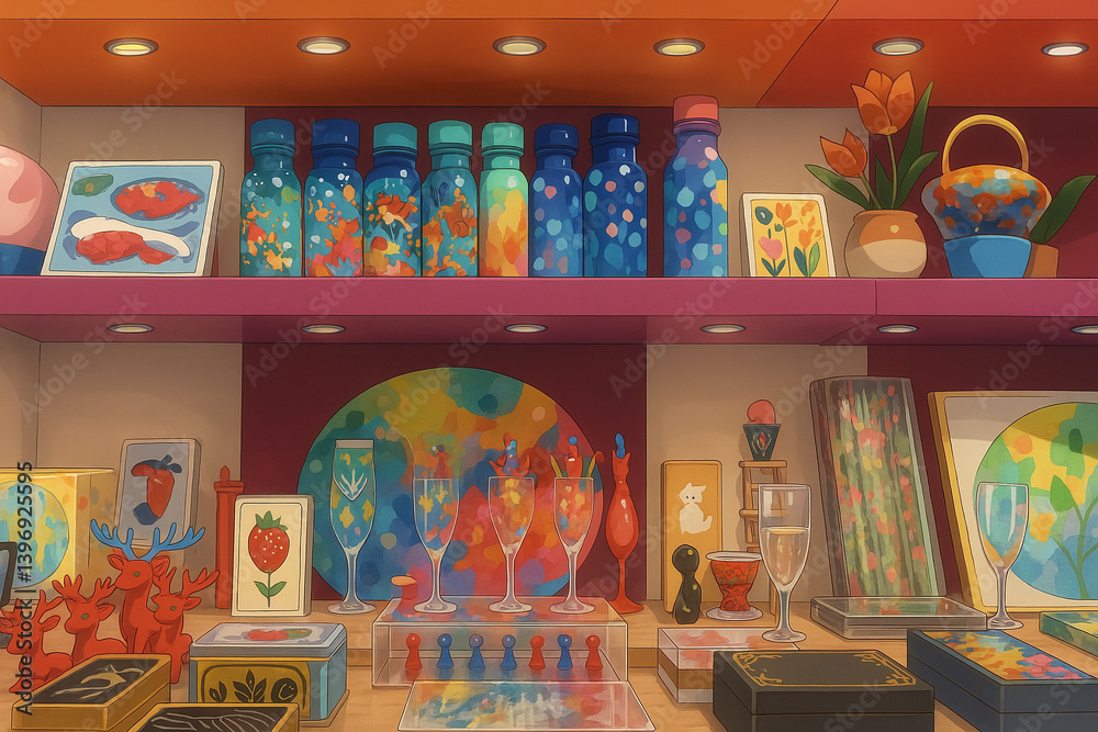 Naklejka premium Colorful bottles and glasses arranged creatively on vibrant shelves