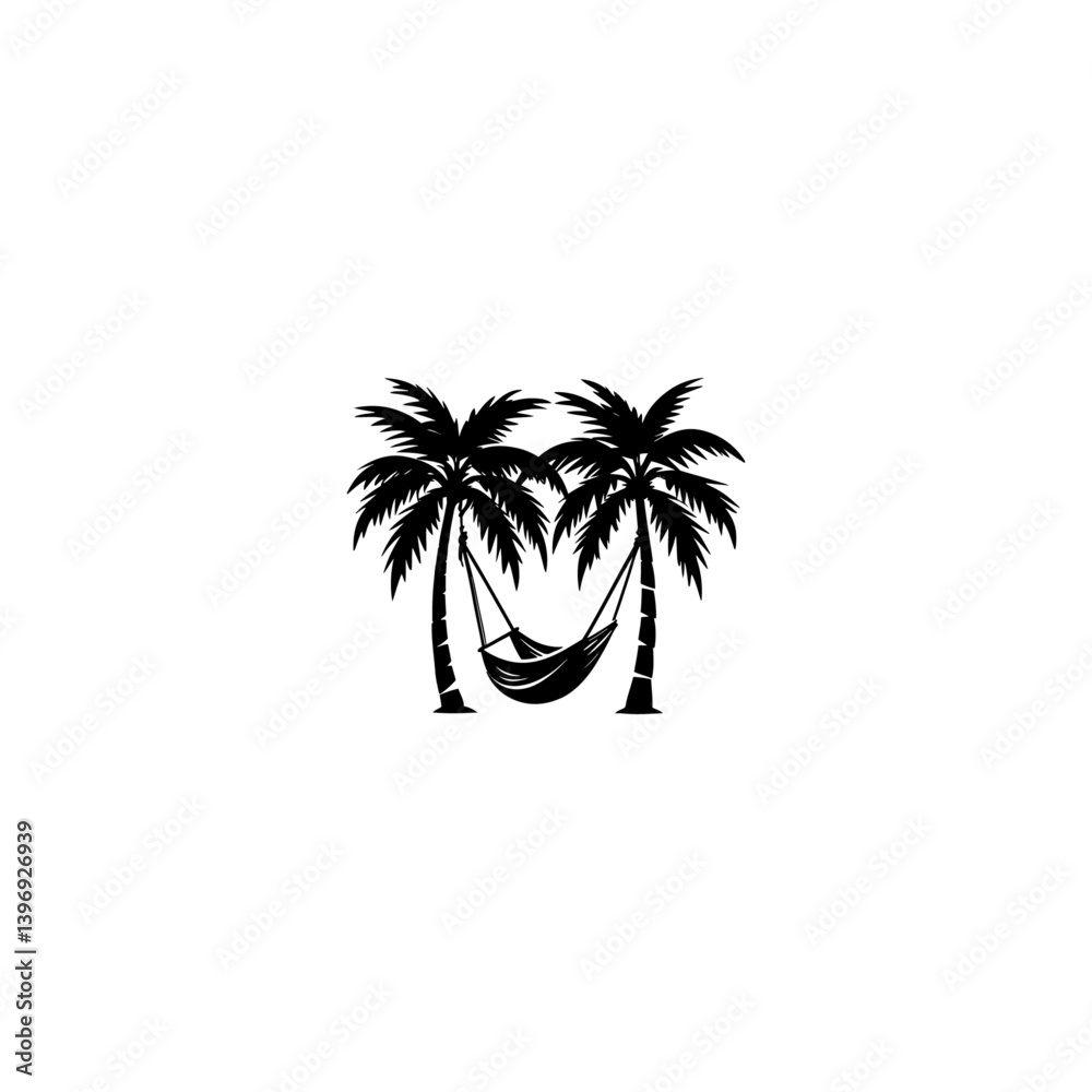 Hammock between two palm trees silhouette, black and white silhouette, vector and illustration Hammock between two palm trees silhouette, black and white silhouette, vector and illustration