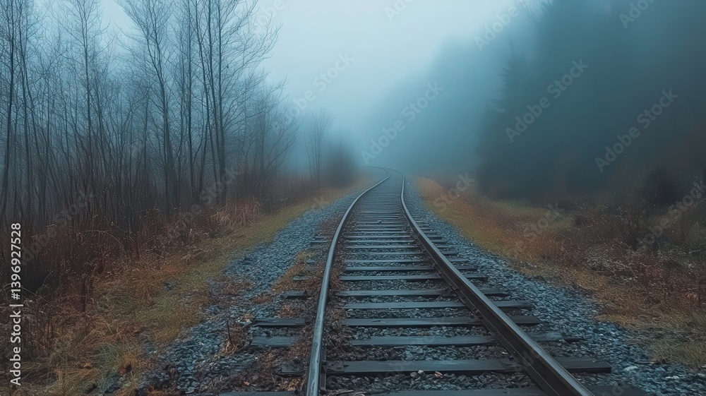 Obraz premium Misty Railway Track Leading into Foggy Forest