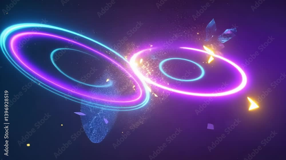 Colorful light rings intersecting in a dynamic display of energy and motion in a cosmic setting