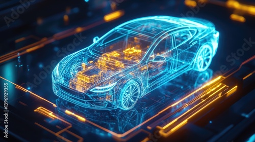 Futuristic transparent electric car design with digital circuitry and neon lights