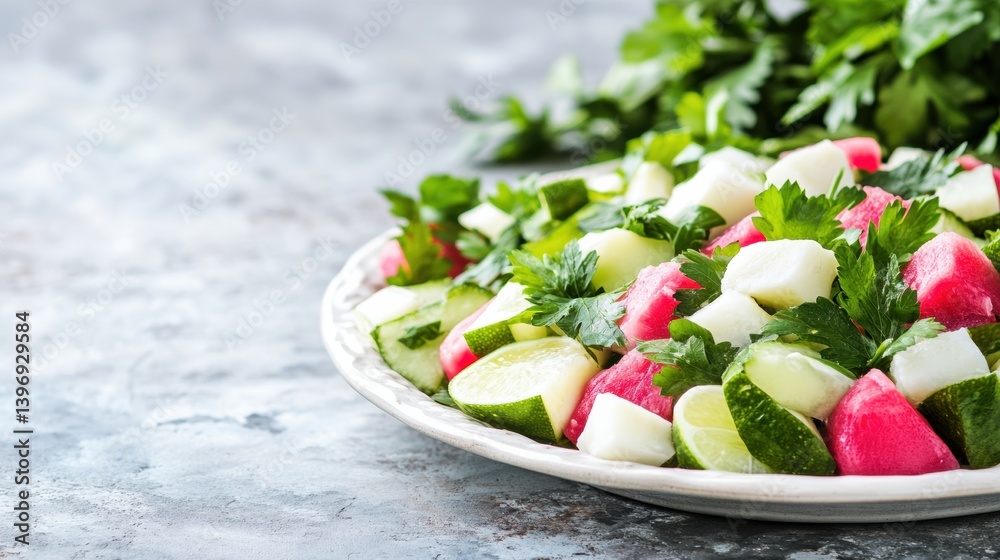 Refreshing Watermelon and Cucumber Salad with Parsley Garnish Refreshing Watermelon and Cucumber Salad with Parsley Garnish