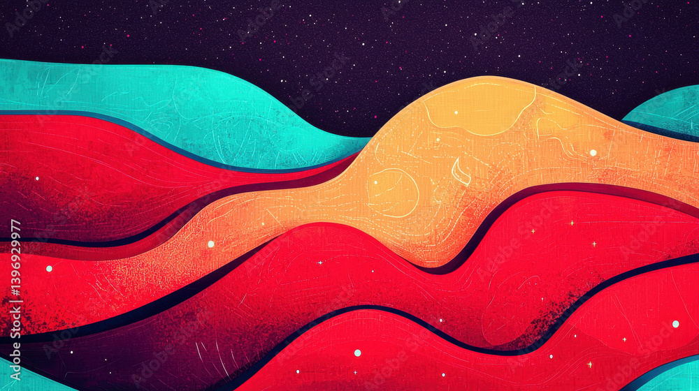 Abstract Vibrant Waves in Red Orange and Teal Flowing Through a Dark Starry Night Sky with Ample Copy Space for Text or Imagery in the Center Abstract Vibrant Waves in Red Orange and Teal Flowing Through a Dark Starry Night Sky with Ample Copy Space for Text or Imagery in the Center