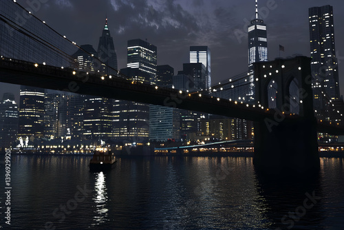 A night view of New York City skyline highlighting towering bridge and iconic architecture in a bustling urban atmosphere