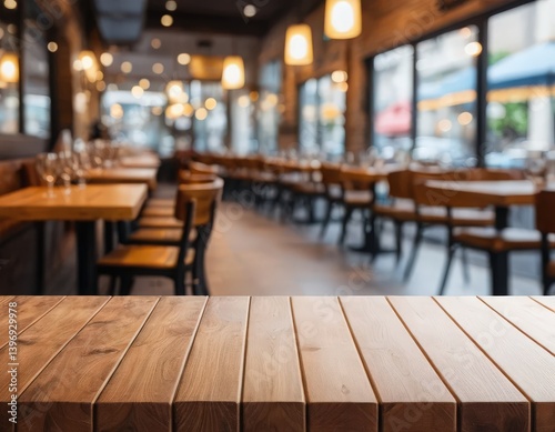 Wooden table mockup and chairs furnish a restaurant interior with a luxury design