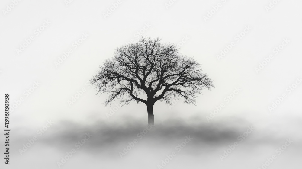 Obraz premium Solitary tree in foggy landscape with bare branches. Halloween, All Hallows Eve, Samhain - Spooky Holiday Season, Fall Festival Celebration