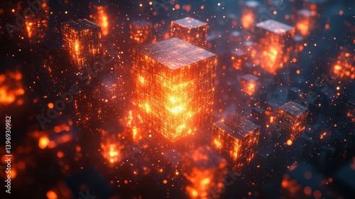 Glowing cubes float amidst dark particles; a tech landscape with depth and intricate detail