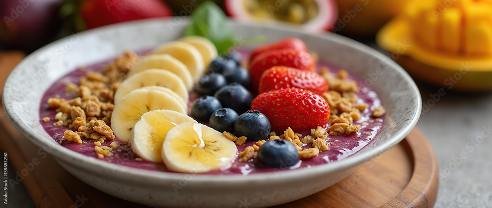 Cool off with an açaí bowl topped with granola, bananas, berries, and honey—served with tropical vibes and fresh fruits in the background.
Cool off with an açaí bowl topped with granola, bananas, berries, and honey—served with tropical vibes and fresh fruits in the background.
