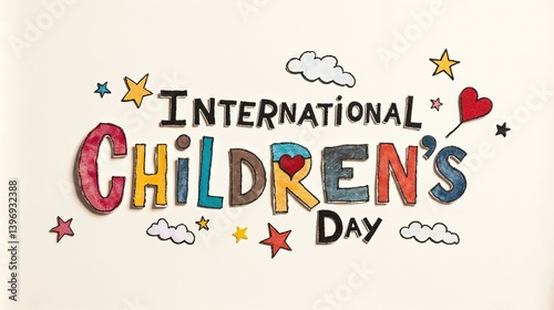 International Children's Day celebration with colorful decorations, lively artwork, and symbols of joy promoting happiness for children everywhere