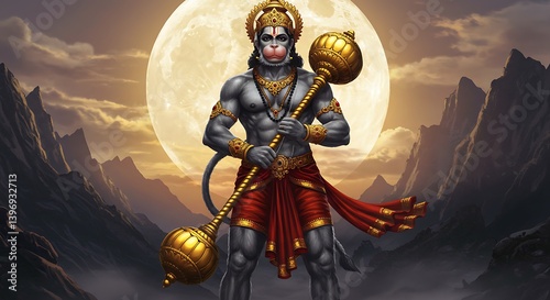 Majestic hanuman illustration against lunar backdrop, religious icon portrayal