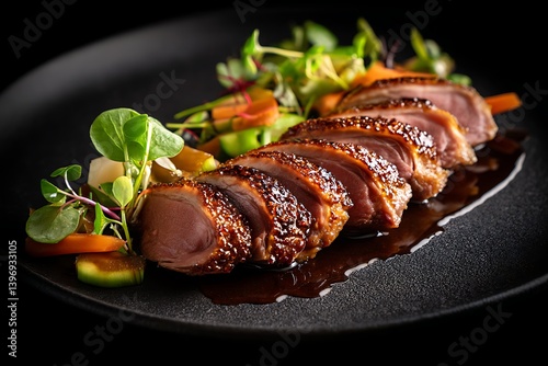 Sliced roasted duck breast served with vegetables and sauce on a plate