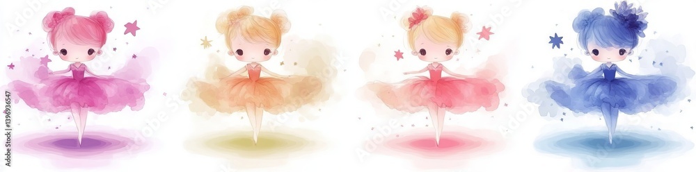 With watercolors, the cute cartoon fairy girl is illustrated standing on a rainbow, against a stark white background With watercolors, the cute cartoon fairy girl is illustrated standing on a rainbow, against a stark white background