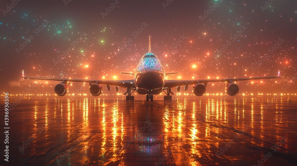 Obraz premium Airplane on runway at night with colorful lights