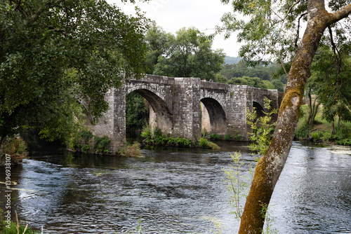 Cuadro en lienzo Pontevea medieval bridge in Teo, Ulla river. Galicia