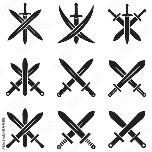 Sword icons set. Vector Black silhouettes Ancient swords signs and crossed pictograms. with white background