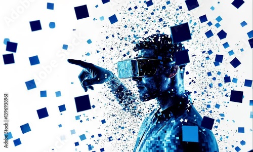 A Man Wearing Virtual Reality Goggles and Pointing with Index Finger While Dispersing into Digital Particles. Innovation and Technology Concept