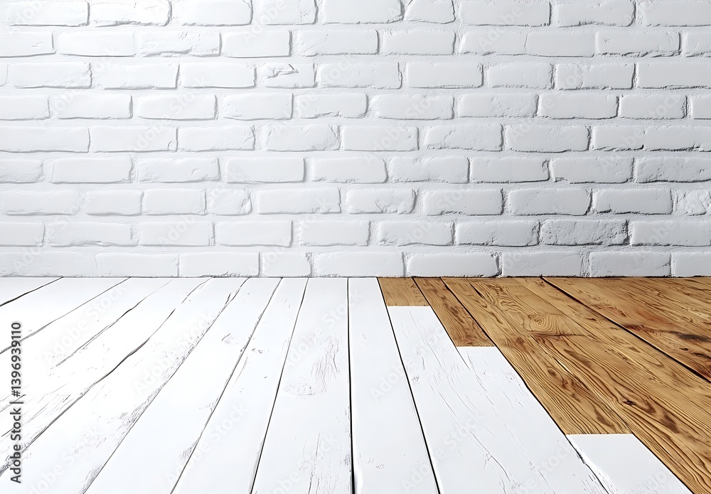 Fototapeta premium Whitewashed Wood Floor and White Brick Wall Interior