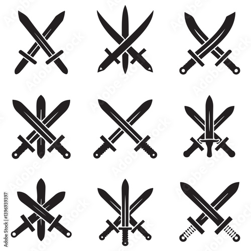 Sword icons set. Vector Black silhouettes Ancient swords signs and crossed pictograms. with white background