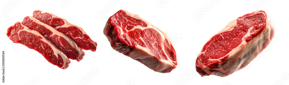 Fototapeta premium Set of pork shoulder steak showcasing marbled texture isolated on white background, emphasizing freshness and quality.